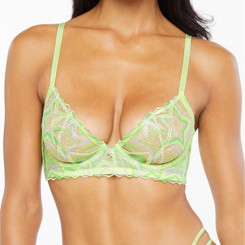 Savage X Fenty Shining Star Embroidered Unlined Demi Bra Lime Green Size 34D NWT